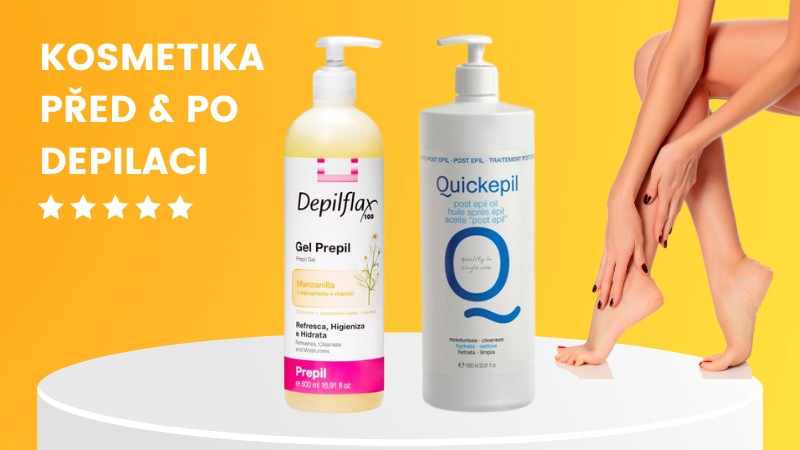 Kosmetika před a po depilaci. Gel a olej profesionální balení. Hladké nohy na žlutém pozadí.